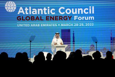 United Arab Emirates Energy Minister Suhail al-Mazrouei speaks during the Atlantic Council's Global Energy Forum at the Dubai Expo 2020, in Dubai, United Arab Emirates, Monday, March 28, 2022. The United Arab Emirates' energy minister doubled down Monday on an oil alliance with Russia that's helped buoy crude prices to their highest in years as the war in Ukraine rattles markets and sends energy and commodity prices soaring. (AP Photo/Ebrahim Noroozi)