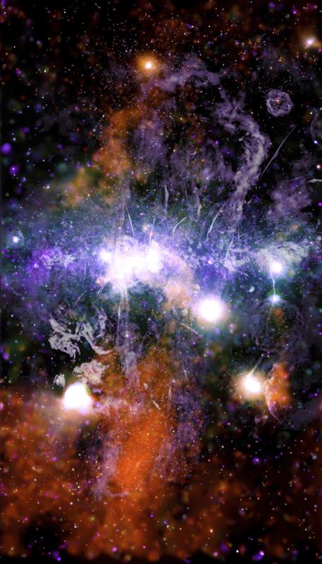 Esta imagen de radiofrecuencia y rayos X en falso color que la NASA puso a disposición el viernes 28 de mayo de 2021 muestra hilos de gas sobrecalentado y campos magnéticos en el centro de la Vía Láctea.  Los rayos X detectados por el Observatorio de rayos X Chandra de la NASA están en naranja, verde, azul y morado, y los datos de radio del radiotelescopio MeerKAT en Sudáfrica se muestran en lila y gris.  El plano de la galaxia es horizontal, en el centro de esta imagen vertical.  El astrónomo Daniel Wang de la Universidad de Massachusetts Amherst dijo el viernes que pasó un año trabajando en esto, mientras estaba atrapado en casa durante la pandemia.  (NASA / CXC / UMass / QD Wang, NRF / SARAO / MeerKAT vía AP)