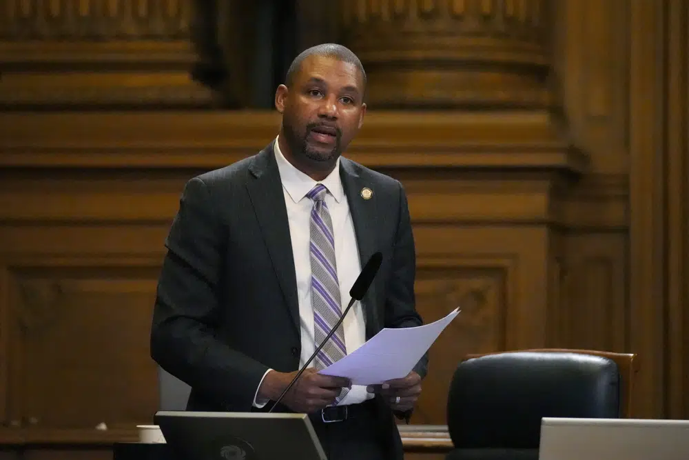 Supervisor Shamann Walton speaks during a special Board of Supervisors hearing about reparations in San Francisco, Tuesday, March 14, 2023. Supervisors in San Francisco are taking up a draft reparations proposal that includes a $5 million lump-sum payment for every eligible Black person. (AP Photo/Jeff Chiu)