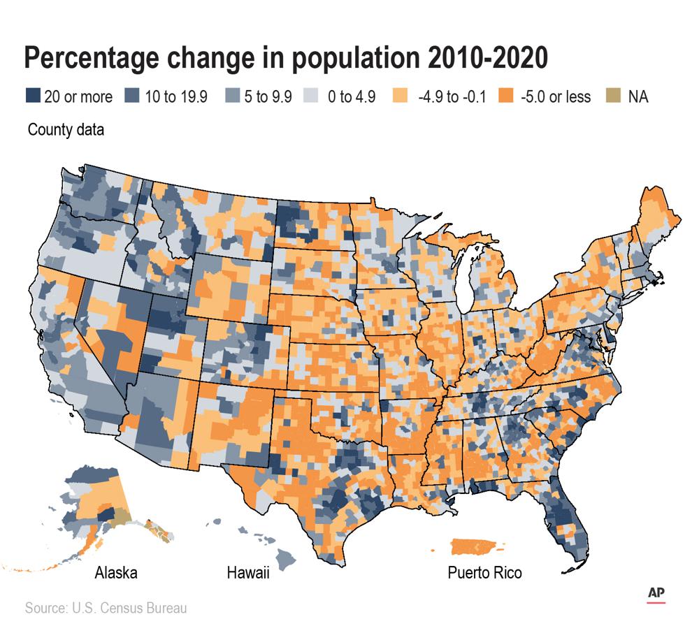 A county map of the United States and Puerto Rico shows percentage change in population 2010 to 2020.