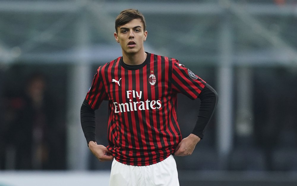 AC Milan's Daniel Maldini stands on the pitch as he makes his Serie A debut during the soccer match between AC Milan and Hellas Verona, the Milan San Siro Stadium, Italy, Sunday, Feb. 2, 2020. (Spada/Lapresse via AP)