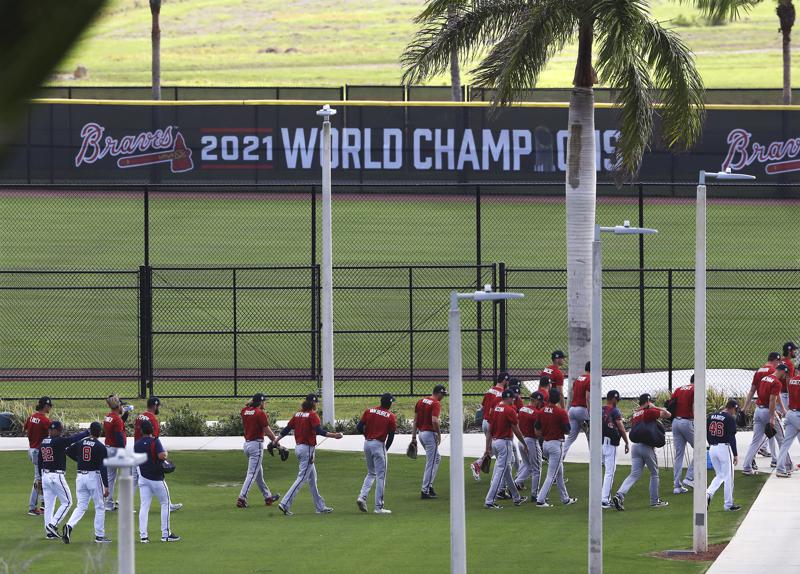 Atlanta Braves minor leaguers are shown at spring training baseball camp in North Port, Fla., Wednesday, March 9, 2022. (Curtis Compton/Atlanta Journal-Constitution via AP)
