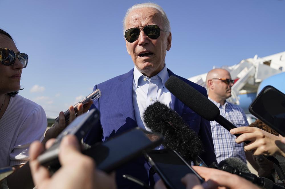 FILE - President Joe Biden speaks to members of the media after exiting Air Force One, Wednesday, July 20, 2022, at Andrews Air Force Base, Md. Biden has tested positive for COVID-19 on Thursday, July 21, making him the second U.S. president to get the virus and underscoring the extent to which the virus has infiltrated American society. (AP Photo/Evan Vucci, File)