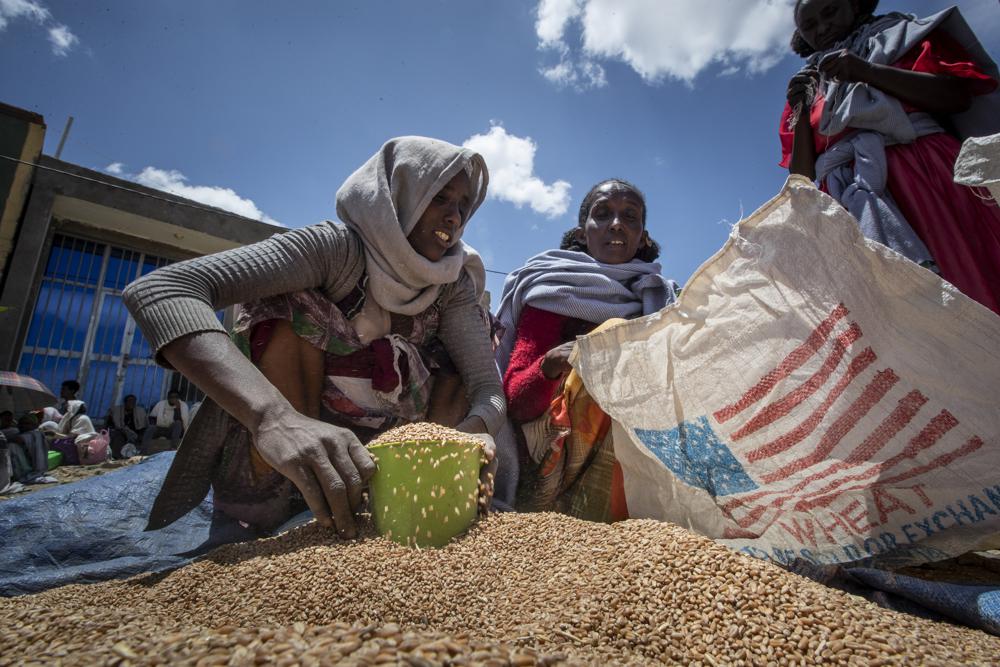 FILE - In this Saturday, May 8, 2021 file photo, an Ethiopian woman scoops up portions of wheat to be allocated to each waiting family after it was distributed by the Relief Society of Tigray in the town of Agula, in the Tigray region of northern Ethiopia. The United States warned late Thursday, Aug. 19, 2021 that food aid will run out this week for millions of hungry people under a blockade imposed by Ethiopia's government on the embattled Tigray region. (AP Photo/Ben Curtis, File)