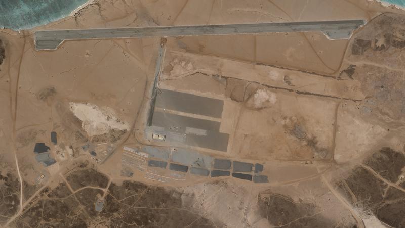 A mysterious air base is seen being built on Yemen's volcanic Mayun Island in this April 11, 2021 satellite photograph from Planet Labs Inc. The air base is in one of the world’s crucial maritime chokepoints for both energy shipments and commercial cargo. Officials in Yemen’s internationally recognized government say the United Arab Emirates is behind the effort. (Planet Labs Inc. via AP)