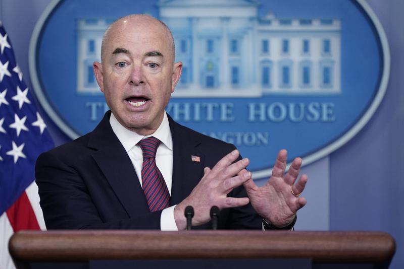 Secretary of Homeland Security Alejandro Mayorkas speaks during a press briefing at the White House, Friday, Sept. 24, 2021, in Washington. (AP Photo/Patrick Semansky)