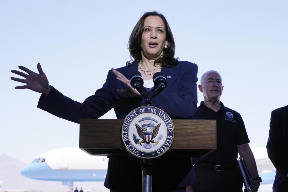 FILE - Vice President Kamala Harris talks to the media, June 25, 2021, after her tour of the U.S. Customs and Border Protection Central Processing Center in El Paso, Texas. Harris visited the U.S. southern border as part of her role leading the Biden administration's response to a steep increase in migration. (AP Photo/Jacquelyn Martin, File)