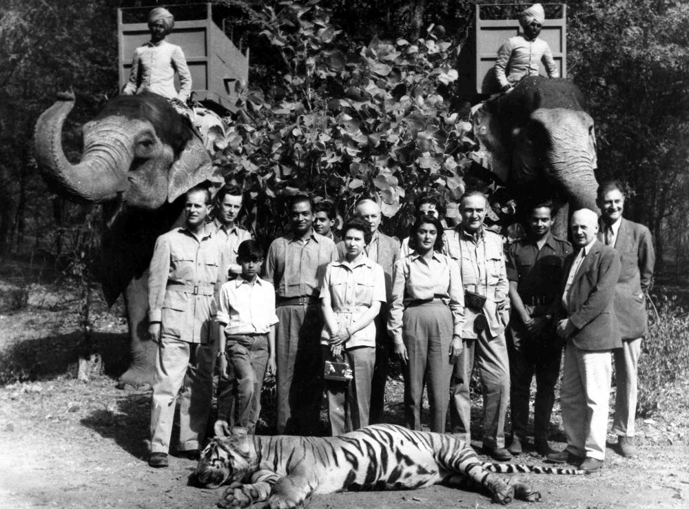 Britains Queen Elizabeth II and Prince Philip, stand with their hosts Maharajah and Maharanee of Jaipur, in the forests of Rajasthan in 1961. The tiger in the foreground was shot by Prince Philip and the elephants used in the hunt are seen at the back. (Photo: AP)
