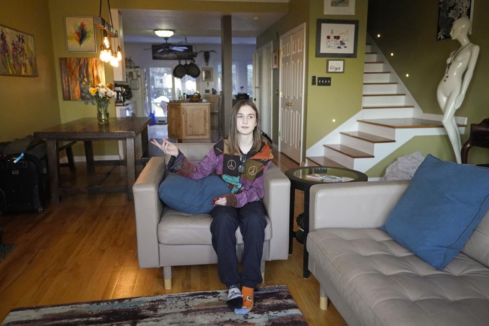 Elle Palmer, 13, speaks during an interview, Monday, Feb. 7, 2023, in Salt Lake City. Multiple studies have shown that transgender youth are more likely to consider or attempt suicide and less at risk for depression and suicidal behaviors when able to access gender-affirming care. (AP Photo/Rick Bowmer)
