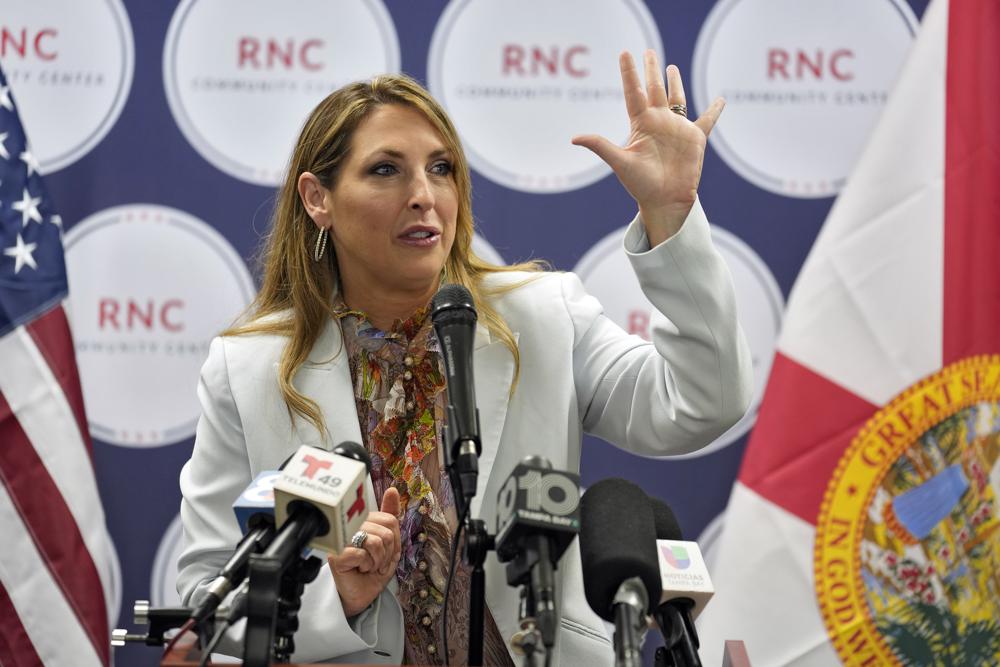 Republican National Committee chairman Ronna McDaniel speaks during a Get Out To Vote rally Tuesday, Oct. 18, 2022, in Tampa, Fla. (AP Photo/Chris O'Meara)