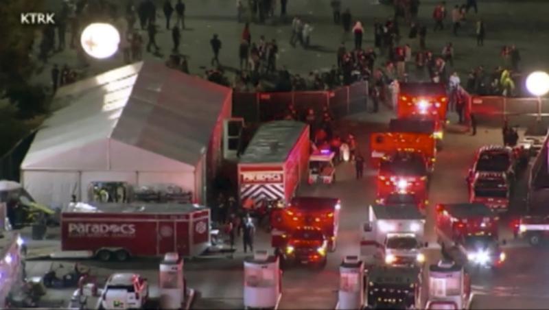 Emergency personnel respond to the Astroworld music festival in Houston on Friday, Nov. 5, 2021. Several people died and numerous others were injured in what officials described as a surge of the crowd at the music festival while Travis Scott was performing. Officials declared a “mass casualty incident” just after 9 p.m. Friday during the festival where an estimated 50,000 people were in attendance, Houston Fire Chief Samuel Peña told reporters at a news conference. (KTRK via AP)