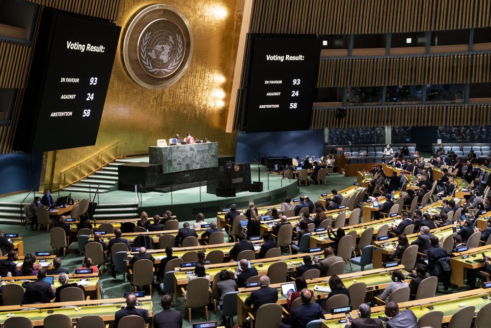 A completed resolution vote tally to affirm the suspension of the Russian Federation from the United Nations Human Rights Council is displayed during a meeting of the United Nations General Assembly, Thursday, April 7, 2022, at United Nations headquarters. UN General Assembly approved a resolution suspending Russia from the world body's leading human rights organization. (AP Photo/John Minchillo)