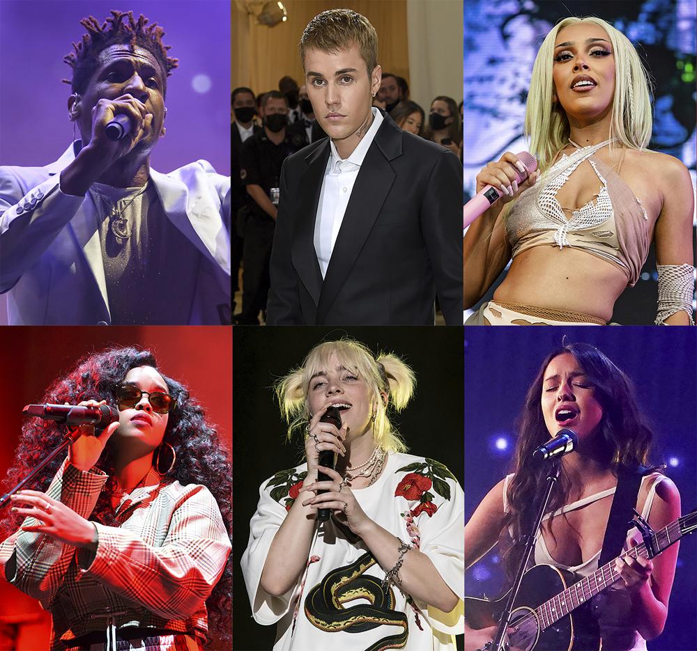 Esta combinación de fotos muestra a los principales nominados para los próximos premios Grammy, fila superior de izquierda a derecha, Jon Baptiste con 11 nominaciones, Justin Bieber, Doja Cat y HER, cada uno con ocho nominaciones y Billie Eilish y Olivia Rodrigo con siete nominaciones cada uno.  (Foto AP)