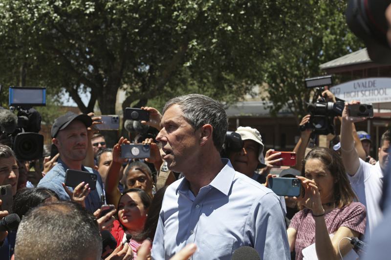 Democratic gubernatorial candidate Beto O'Rourke speaks to the press after he was kicked out for interrupting a news conference headed by Texas Gov. Greg Abbott in Uvalde, Texas Wednesday, May 25, 2022. (AP Photo/Dario Lopez-Mills)