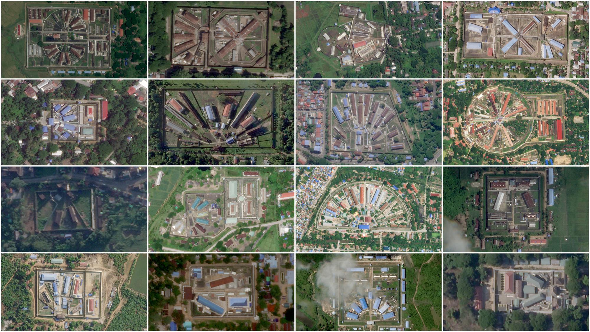 This combination of 2020-2021 satellite photos provided by Planet Labs shows several of the panopticon-style prisons throughout Myanmar. Top row from left are Thayarwady, Taungoo, Sittwe, Pathein. Second row from left are Myeik, Myaungma, Mawlamyine, Insein. Third row from left are Mogok, Kyaukpyu, Mandalay, Buthidaung. Bottom row from left are Hpa-An, Dawei, Daik-U, Bhamo. Since its takeover of the government in February, the Myanmar military has been using torture against those it has detained in a methodical and systemic way across the country, The Associated Press has found in rare interviews with 28 people imprisoned and released in recent months. (Planet Labs via AP)