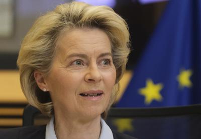 European Commission President Ursula von der Leyen chairs the weekly College of Commissioners meeting at EU headquarters in Brussels, Wednesday, March 16, 2022. (Olivier Hoslet, Pool Photo via AP)