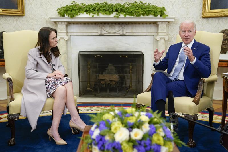 President Joe Biden meets with New Zealand Prime Minister Jacinda Ardern in the Oval Office of the White House, Tuesday, May 31, 2022, in Washington. (AP Photo/Evan Vucci)