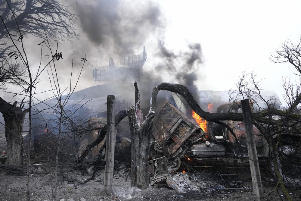 Damaged radar arrays and other equipment is seen at Ukrainian military facility outside Mariupol, Ukraine, Thursday, Feb. 24, 2022. Russia has launched a barrage of air and missile strikes on Ukraine early Thursday and Ukrainian officials said that Russian troops have rolled into the country from the north, east and south. (AP Photo/Sergei Grits)