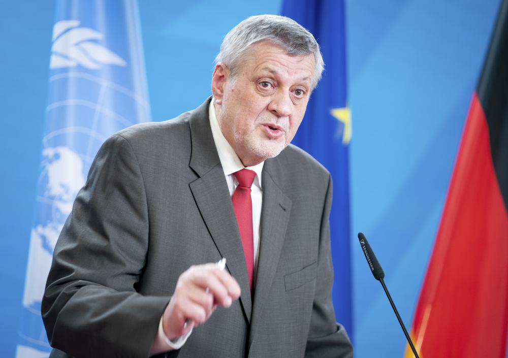 FILE - In this March 18, 2021, file photo, UN Special Envoy for Libya Jan Kubis addresses the media during a news conference with German Foreign Minister Heiko Maas at the Foreign Office in Berlin, Germany. Kubis told the U.N. Security Council on Friday, Sept. 10,  that a failure to hold Libyan elections on Dec. 24 could renew division and conflict and thwart efforts to unite the nation after a decade of turmoil.(Kay Nietfeld/dpa via AP, File)