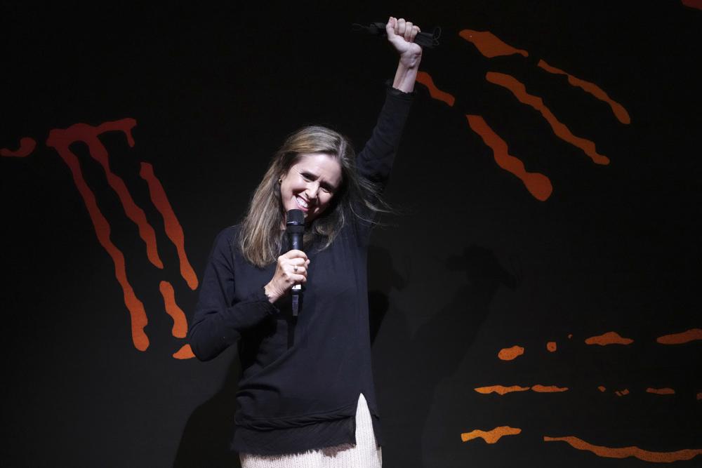 Julie Taymor welcomes theatergoers back to Broadway before a performance of "The Lion King," at the Minskoff Theatre, Tuesday, Sept. 14, 2021, in New York. (Photo by Charles Sykes/Invision/AP)