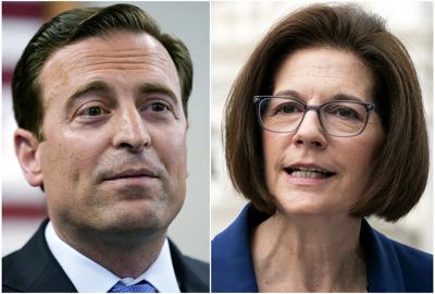 FILE - This combination of photos shows Nevada Republican Senate candidate Adam Laxalt speaking on Aug. 4, 2022, in Las Vegas, left, and Sen. Catherine Cortez Masto, D-Nev., speaking on April 26, 2022, in Washington, right. Democratic U.S. Sen. Catherine Cortez Masto faces Republican challenger Adam Laxalt in a race the national GOP considers one of its best opportunities to turn a blue Senate seat red. (AP Photo/John Locher, left, Jacquelyn Martin)