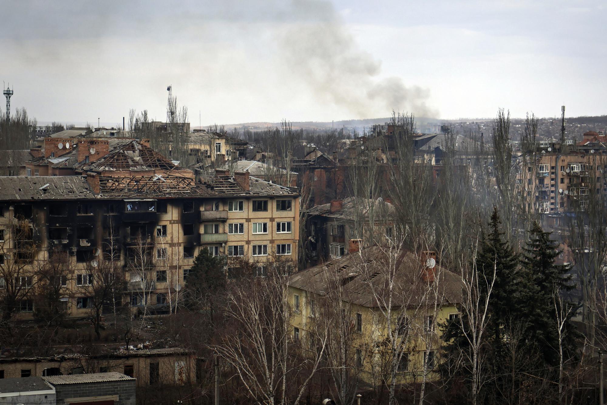 A view of the town of Bakhmut, the site of the heaviest battles with the Russian troops, Donetsk region, Ukraine, Wednesday, March 15, 2023. (AP Photo/Roman Chop)