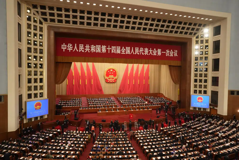 Delegates attend session of China's National People's Congress (NPC) at the Great Hall of the People in Beijing, Friday, March 10, 2023. (AP Photo/Mark Schiefelbein)