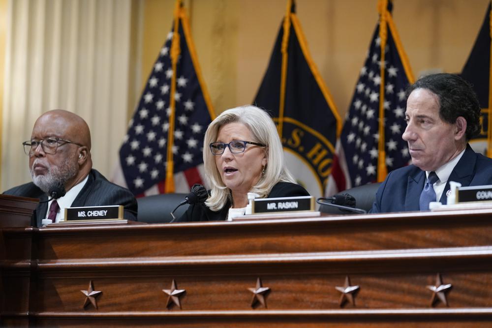 Vice Chair Liz Cheney, R-Wyo., speaks as the House select committee investigating the Jan. 6 attack on the U.S. Capitol holds a hearing at the Capitol in Washington, Tuesday, July 12, 2022. Chairman Bennie Thompson, D-Miss., left, and Rep. Jamie Raskin, D-Md., listen. (AP Photo/J. Scott Applewhite)