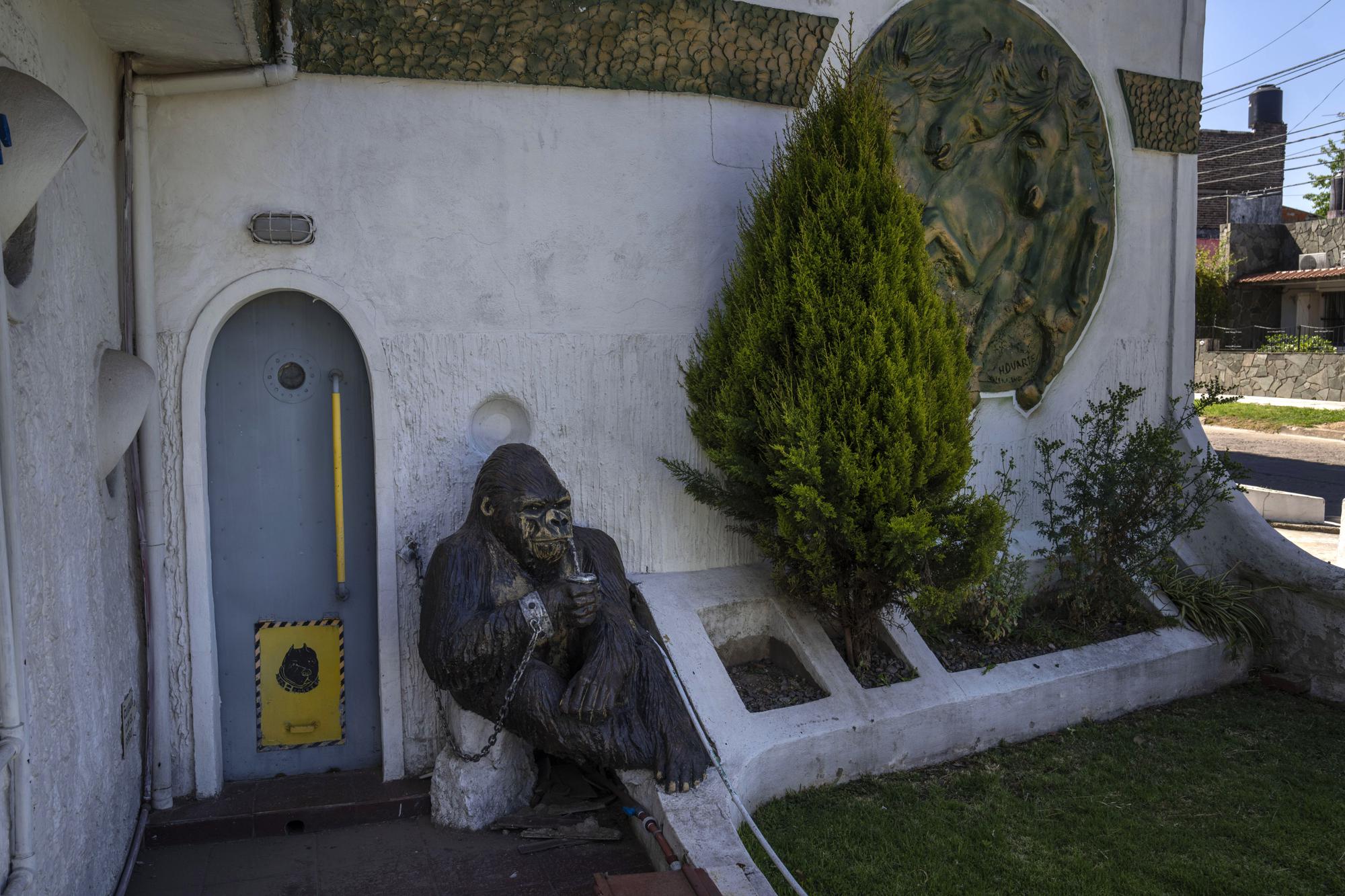 Una escultura de cemento de un gorila llamado Pepe con una taza de mate estÃ¡ encadenada a una pared para evitar que se la roben en San Miguel, Argentina, el martes 1 de noviembre de 2022. (AP Foto/Rodrigo Abd)