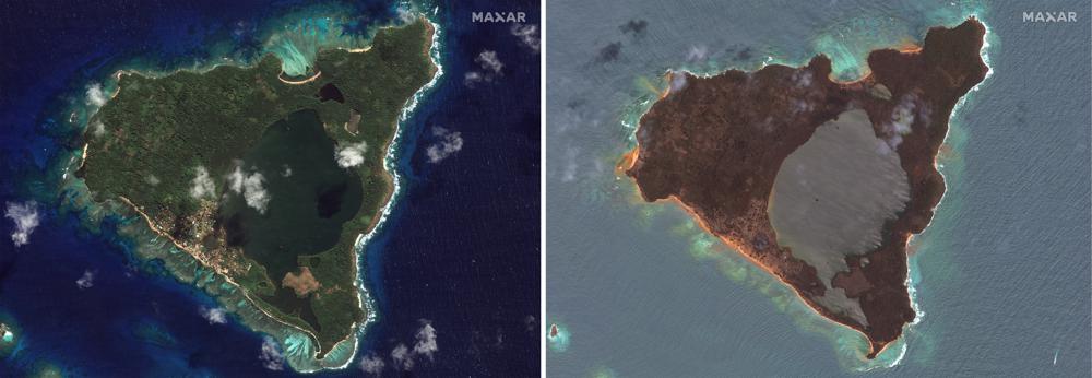 This combination of this satellite images provided by Maxar Technologies shows an overview of Nomuka in the Tonga island group on Aug. 17, 2020, left, and Jan. 20, 2022, right, showing the damage after the Jan. 15 eruption. (Satellite image ©2022 Maxar Technologies via AP)