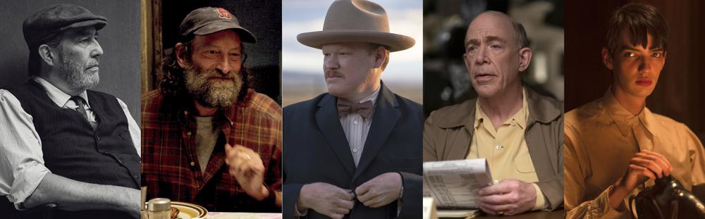 This combination photo shows Oscar nominees for best supporting actor, from left, Ciarán Hinds in "Belfast," Troy Kotsur in "CODA," Jesse Plemons in "The Power of the Dog," J.K. Simmons in "Being the Ricardos," and Kodi Smit-McPhee in "The Power of the Dog." (Focus Features/Apple/Netflix/Amazon/Netflix via AP)