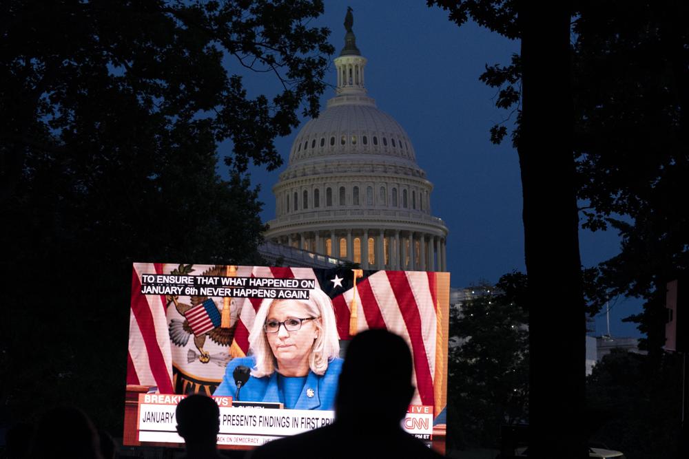 People gather in a park outside of the U.S. Capitol to watch the Jan. 6 House committee investigation in Washington, Thursday, June 9, 2022, as the House committee investigating the Jan. 6 insurrection at the U.S. Capitol holds the first in a series of hearings laying out its findings. (AP Photo/Jose Luis Magana)