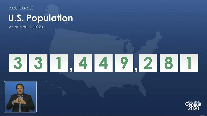 FILE- In this file image from video provided by the U.S. Census Bureau, a sign language interpreter, lower left, signs for acting director of the U.S. Census Bureau Ron Jarmin, who is speaking off camera, as a graphic showing the U.S. population as of April 1, 2020, is displayed during a virtual news conference. When U.S. Census Bureau workers couldn't find out any information about some households after repeatedly mailing them questionnaire reminders and sending census takers to knock on their doors, the statisticians turned to an obscure, last-resort statistical technique known as “imputation.” Less than 1% of households were counted using the technique during the 2020 census. But some conservative political groups are questioning it, potentially laying a foundation for legal challenges to the data that will ultimately be used for drawing congressional and legislative districts. (U.S. Census Bureau via AP)