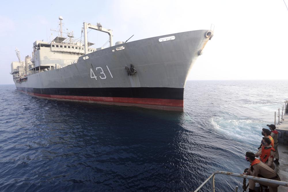 This undated photo provided by the Iranian army shows navy's support ship Kharg. Kharg, the largest warship in the Iranian navy caught fire and later sank Wednesday, June 2, 2021 in the Gulf of Oman under unclear circumstances, semiofficial news agencies reported. (Iranian army via AP)