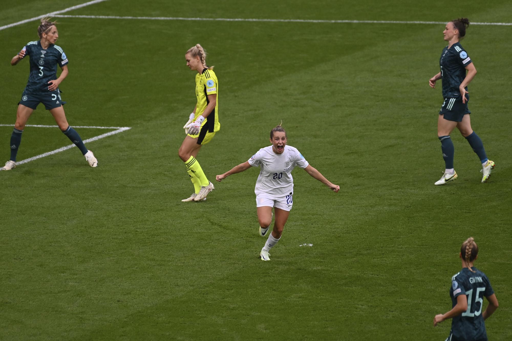 FILE - England's Ella Toone, centre, celebrates after scoring the opening goal during the Women's Euro 2022 final soccer match between England and Germany at Wembley stadium in London, Sunday, July 31, 2022. (AP Photo/Rui Vieira, File)