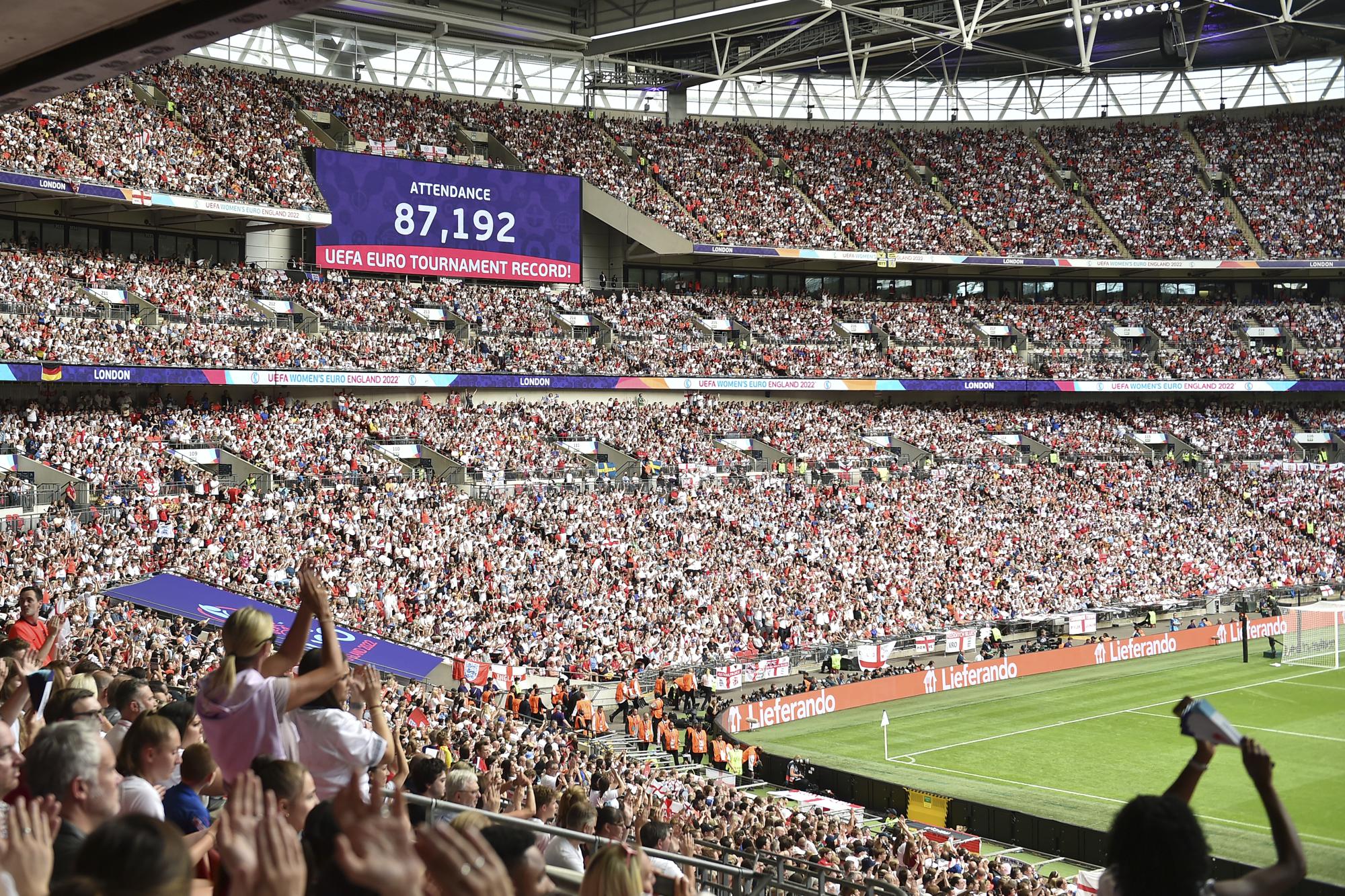 FILE - A screen shows the attendance during the Women's Euro 2022 final soccer match between England and Germany at Wembley stadium in London, Sunday, July 31, 2022. (AP Photo/Rui Vieira, File)