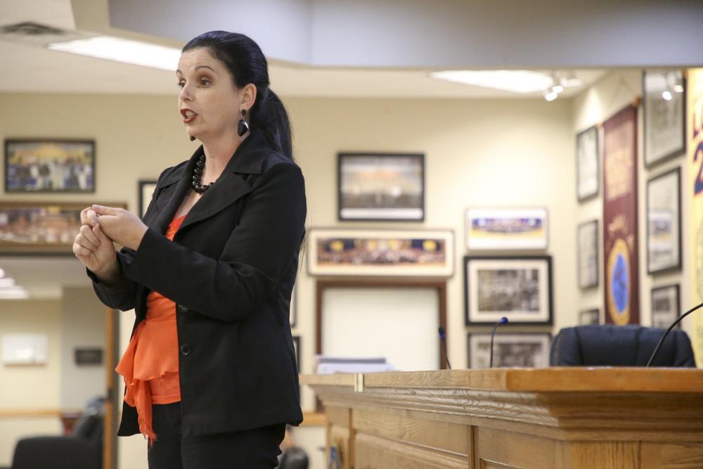 Oklahoma state Superintendent Democratic candidate Jena Nelson speaks during a town hall at the Sheet Metal Workers Union Hall on Thursday, Oct. 13, 2022. (Ian Maule/Tulsa World via AP)