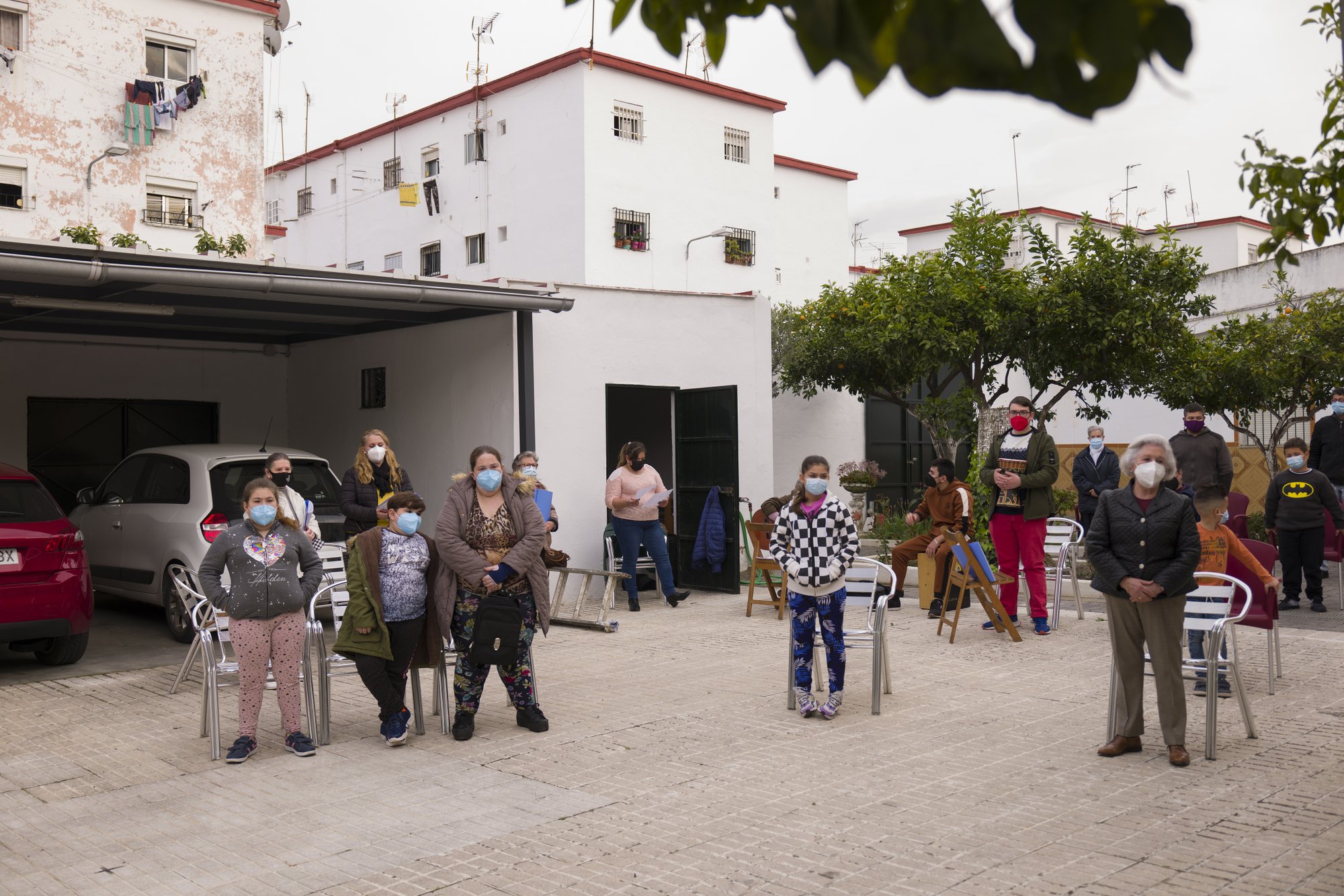 Catholic worshipers keep social distance guidelines during a religious event outside Nuestra Senora de la Candelaria church in Seville. (AP Photo/Laura Leon)