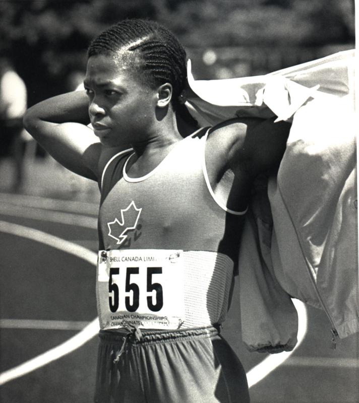 FILE - In this Aug. 2, 1985, file photo, Angela Bailey is shown the National Track and Field Championships in Ottawa. Bailey, the Canadian women’s record holder in the 100 meters and an Olympic 4x100 relay silver medalist, died Sunday, Aug. 1, 2021, at her home in Missisauga, Ontario. She was 59. Bailey’s record time of 10.98 seconds in the 100 for Canadian women was set in 1987 and still stands. (Peter Jones/The Canadian Press via AP, File)