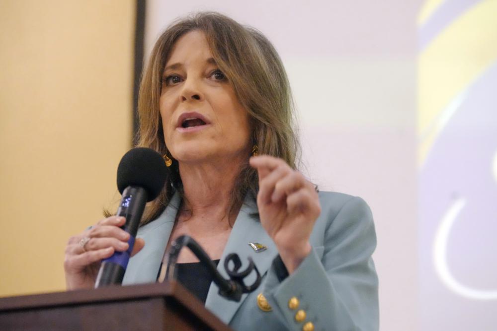 FILE - Democratic presidential candidate Marianne Williamson addresses the South Carolina Democratic Party Black Caucus' Sunday Dinner, March 26, 2023, in West Columbia, S.C. (AP Photo/Meg Kinnard, File)