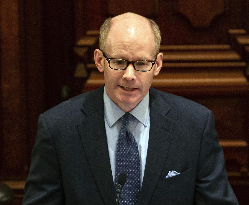 FILE - In this Jan. 19, 2020, file photo, Newly sworn-in Illinois Senate President Don Harmon, D-Oak Park, delivers speaks after taking the oath of office in the Illinois Senate at the Illinois State Capitol in Springfield, Ill. Harmon, a Democrat from Oak Park, is sponsoring legislation to carve out an exception for the COVID-19 vaccination to the Illinois Health Care Right of Conscience Act. (Justin L. Fowler/The State Journal-Register via AP, File)