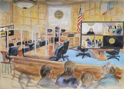 El dibujo de una artista muestra la audiencia para Emma Coronel Aispuro, esposa de Joaquín "El Chapo" Guzmán, en un tribunal de Washington, el jueves 10 de junio del 2021. (Dana Verkouteren via AP)