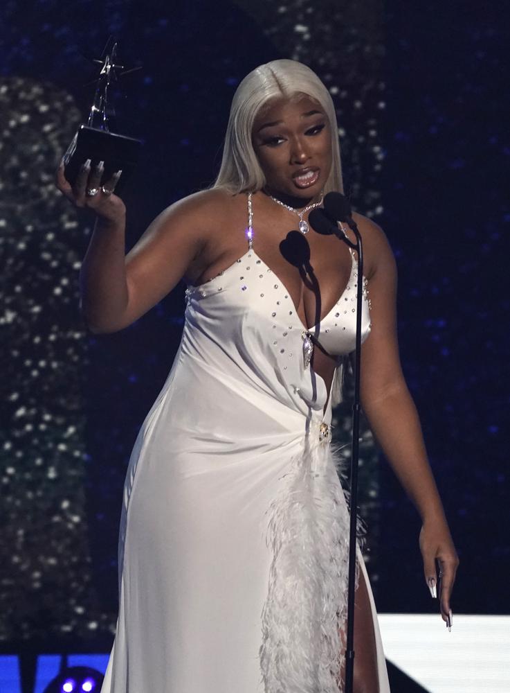 Megan Thee Stallion accepts the award for video of the year for "WAP" at the BET Awards on Sunday, June 27, 2021, at the Microsoft Theater in Los Angeles. (AP Photo/Chris Pizzello)