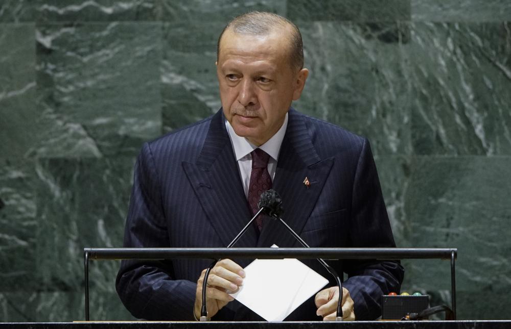 Turkish President Recep Tayyip Erdogan addresses the 76th Session of the United Nations General Assembly, Tuesday, Sept. 21, 2021 at U.N. headquarters. (Eduardo Munoz/Pool Photo via AP)