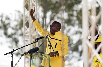 El líder opositor zimbabuense Nelson Chamisa en un evento en  Harare, el 20 de febrero del 2022.   (Foto AP/Tsvangirayi Mukwazhi)