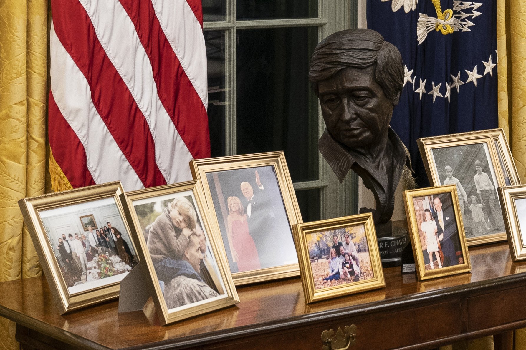 The bust of the happy father of Cesar Chavez’s son is in the Biden Oval Office