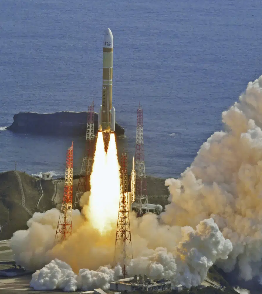 An H3 rocket lifts off from Tanegashima Space Center in Kagoshima, southern Japan Tuesday, March 7, 2023. Japan’s space agency intentionally destroyed the H3 rocket moments into its launch Tuesday after the ignition for the second stage of the country's first new rocket series in more than two decades failed. (Kyodo News via AP)
