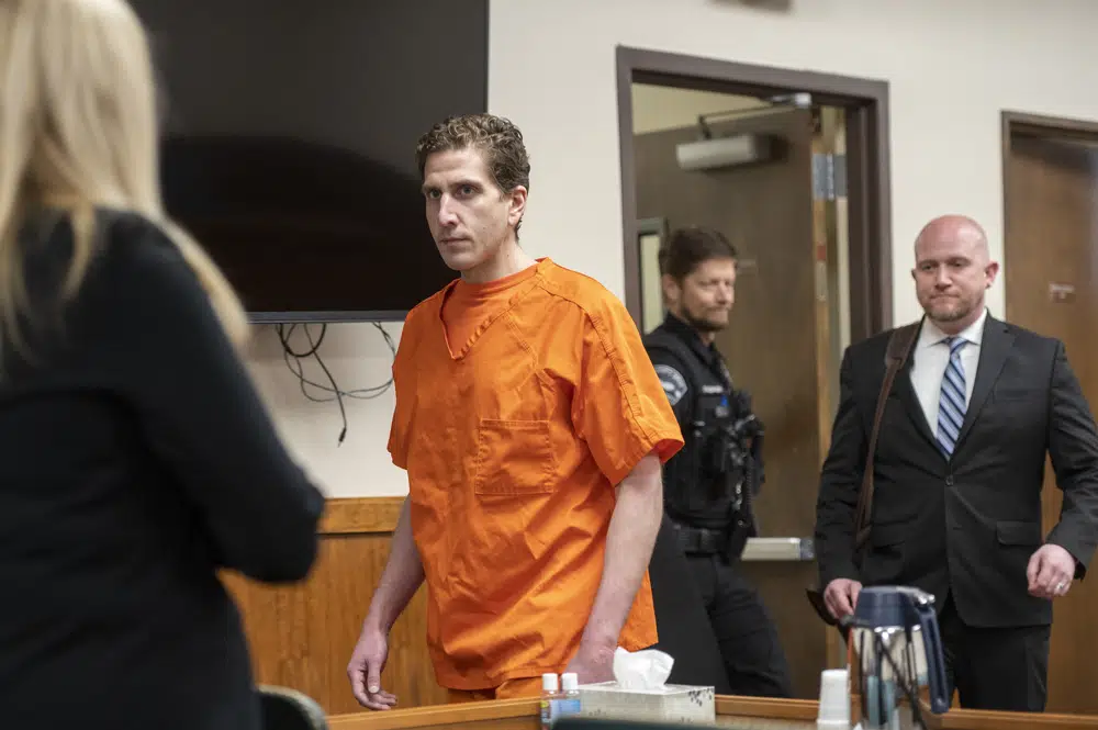 FILE - Bryan Kohberger enters the courtroom for his arraignment hearing in Latah County District Court, May 22, 2023, in Moscow, Idaho. Prosecutors say they are seeking the death penalty against Kohberger, the man accused of stabbing four University of Idaho students to death in November 2022. Latah County Prosecutor Bill Thompson filed the notice of his intent to seek the death penalty in court on Monday, June 26. (Zach Wilkinson/The Moscow-Pullman Daily News via AP, Pool, File)