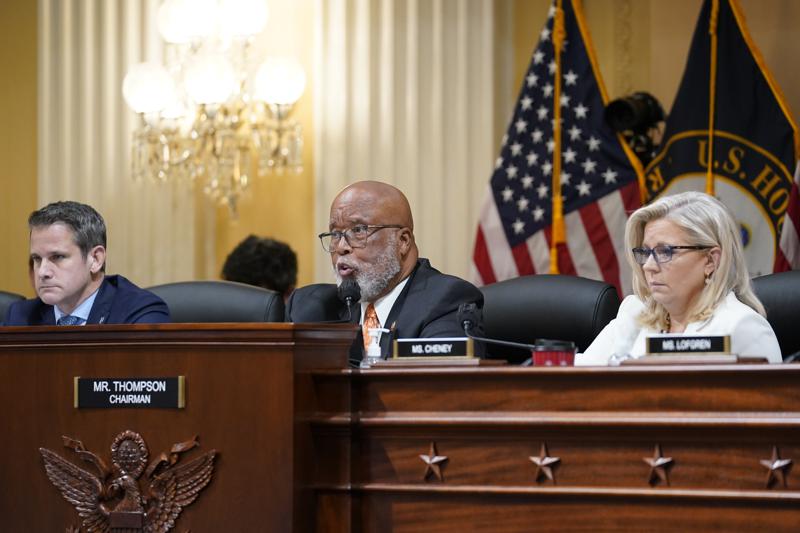 Chairman Bennie Thompson, D-Miss., center, speaks as the House select committee investigating the Jan. 6 attack on the U.S. Capitol continues to reveal its findings of a year-long investigation, at the Capitol in Washington, Thursday, June 23, 2022. Rep. Adam Kinzinger, R-Ill., left, and Vice Chair Liz Cheney, R-Wyo., right, listen. (AP Photo/J. Scott Applewhite)