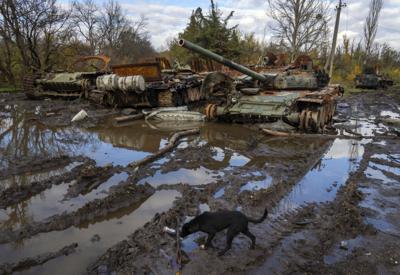 Tanques rusos dañados en combates recientes se ven cerca del poblado recién recuperado de Kamianka, en la región de Járkiv, Ucrania, el domingo 30 de octubre de 2022. (AP Foto/Efrem Lukatsky)